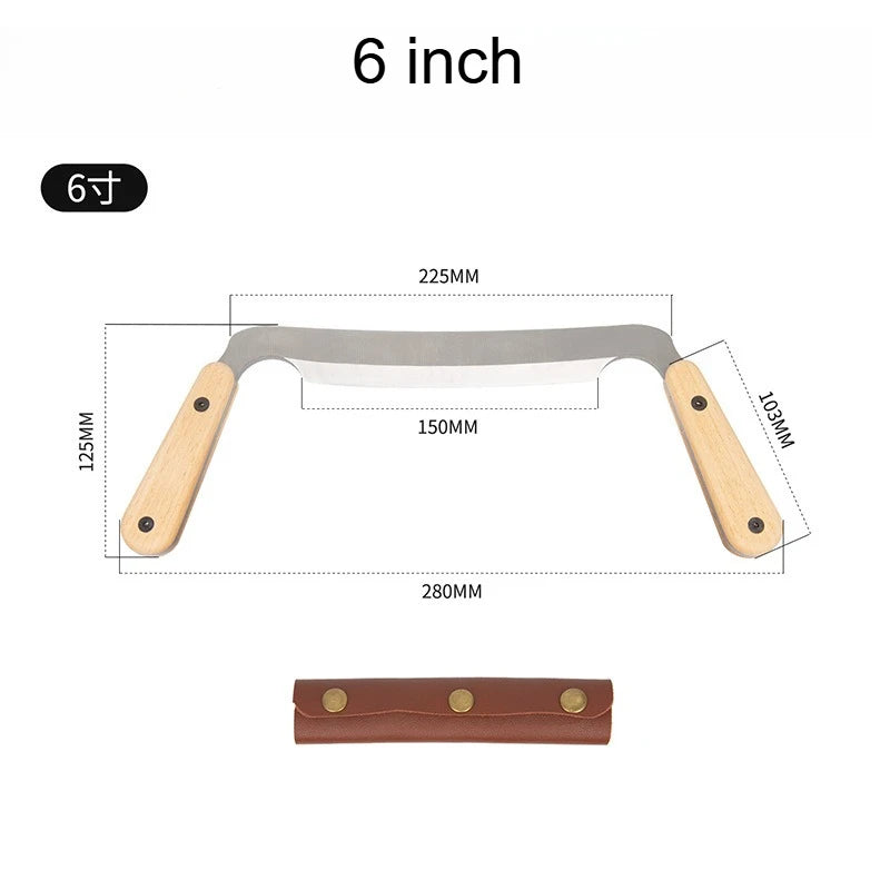 6-inch draw shave tool with gray metal blade and light wood handles, includes leather cover