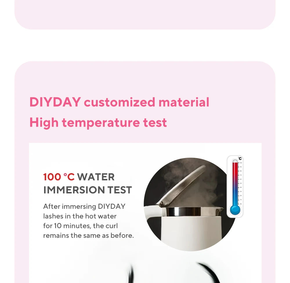 DIYDAY lashes shown in a 100°C water immersion heat test, demonstrating curl retention after exposure to boiling water.