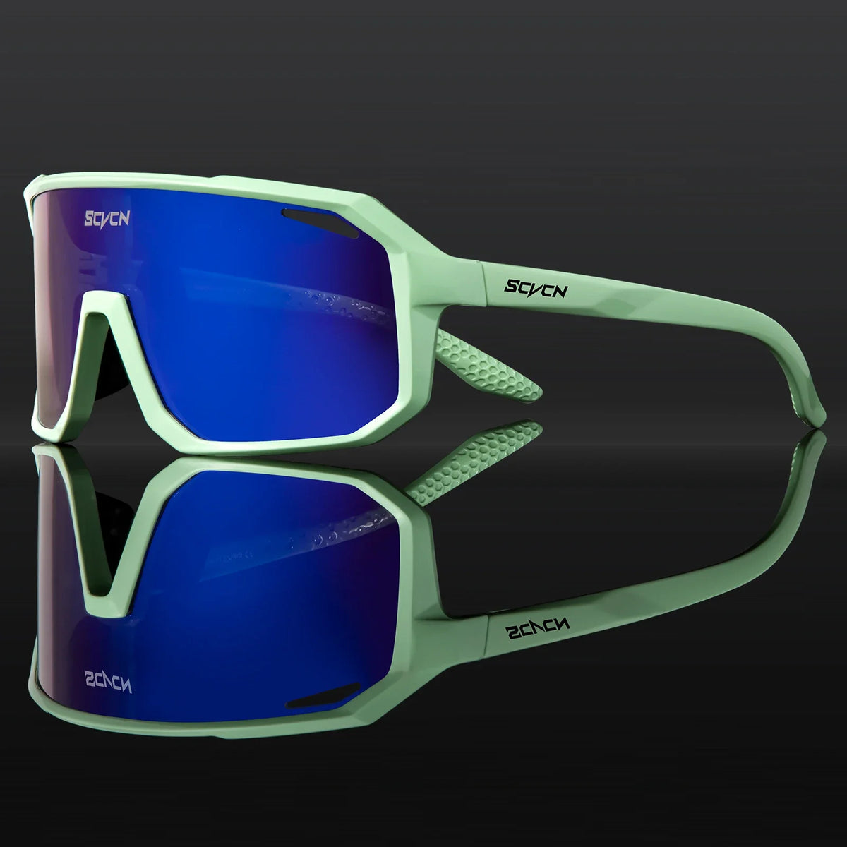 Cycling sunglasses with mint frame and blue mirrored lenses