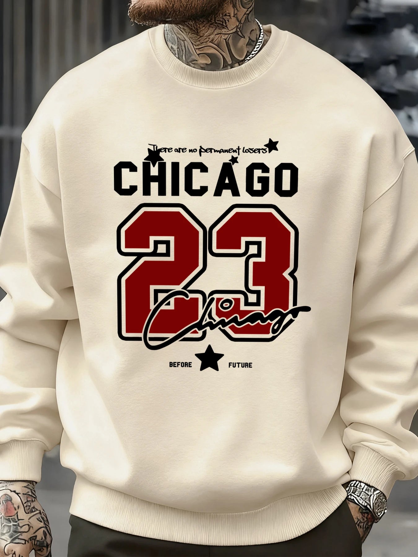 Cream crewneck sweatshirt featuring Chicago 23 graphic print in black and red lettering on a fleece-lined pullover.