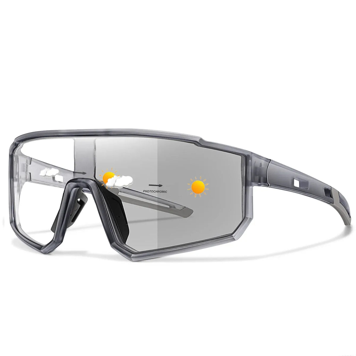 Photochromic sports eyeglasses with clear gray lens and black side arms