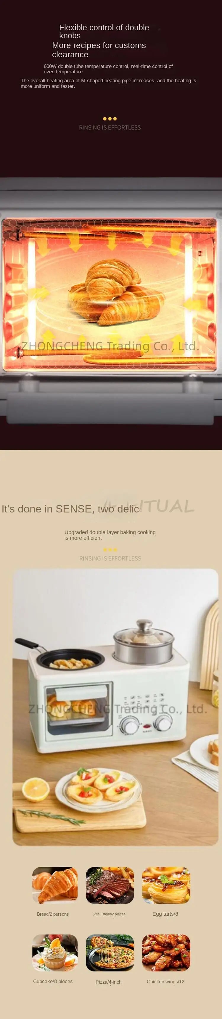 Mini 4-in-1 breakfast oven with glowing heating inside the glass window.