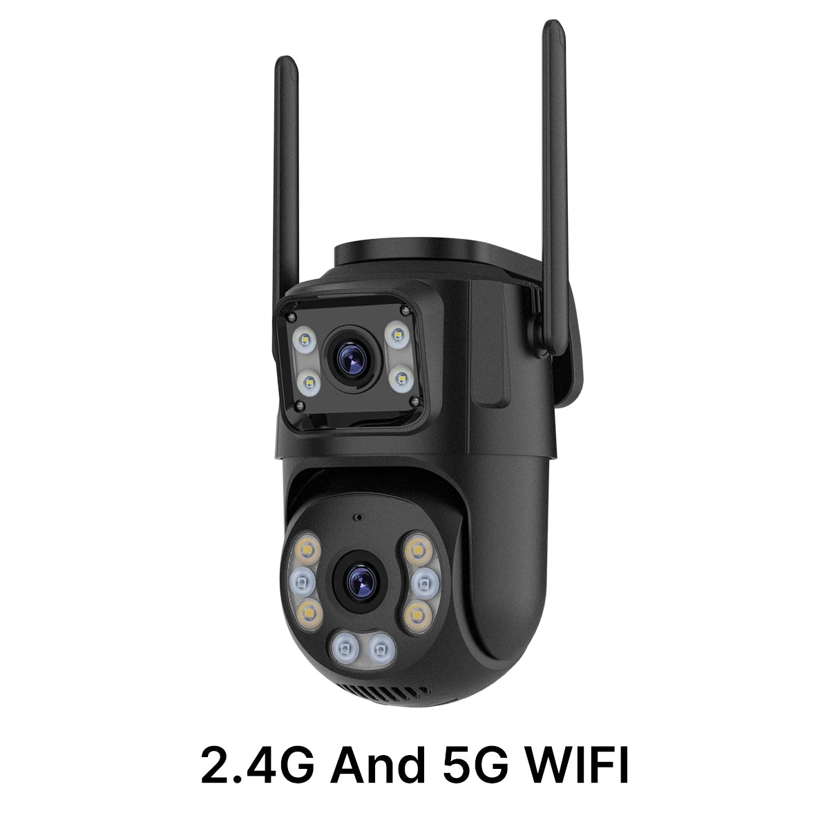 Dual-lens PTZ WiFi outdoor security camera with 2.4G/5G WiFi and two antennas, black