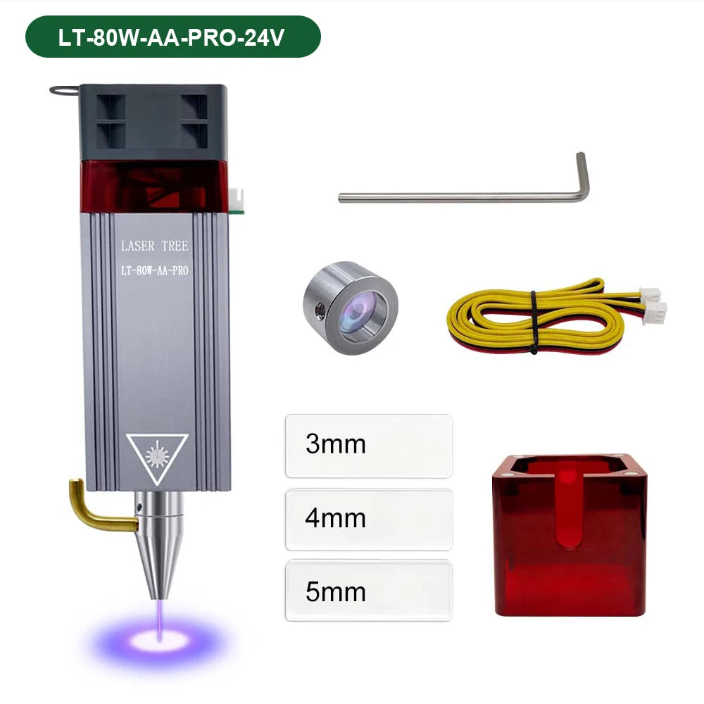 Laser module head with lens, power cable, and red protective housing plus spacing inserts