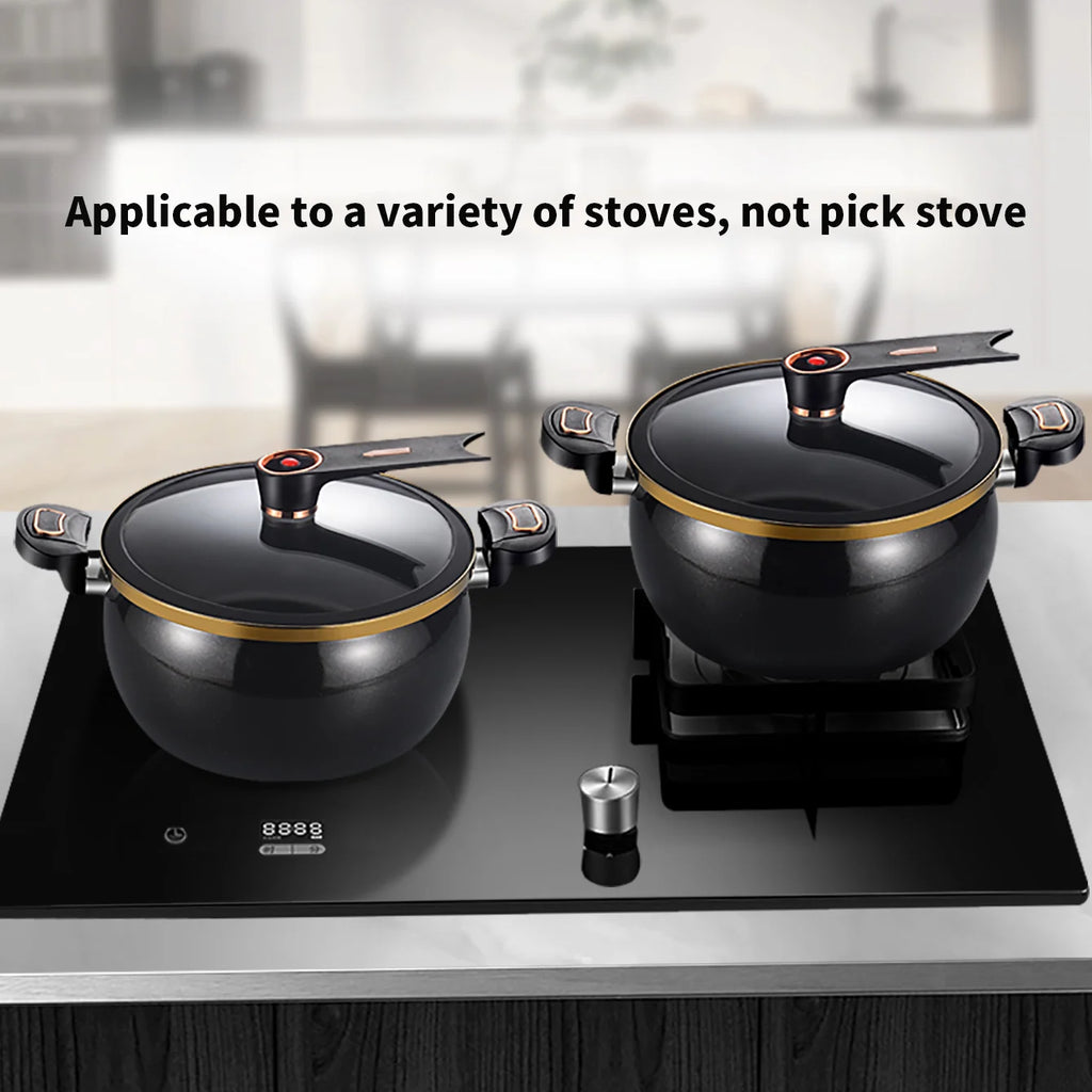Two black micro pressure cookers with glass lids on an induction cooktop, gold trim