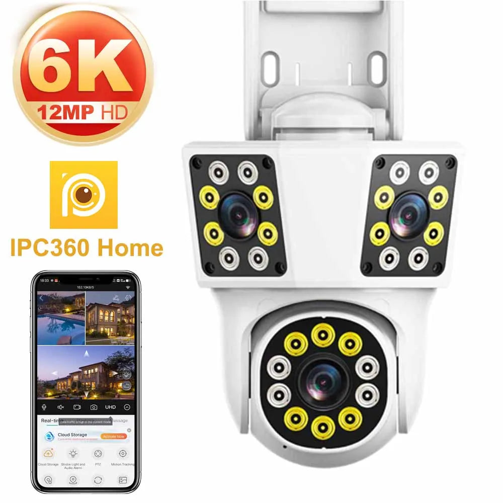 6K 12MP WiFi Outdoor Camera 3 Lens 3 SCREENS Ai Motion Tracking  PTZ 4K Video Camera Security surveillance Camera IPC360 Home