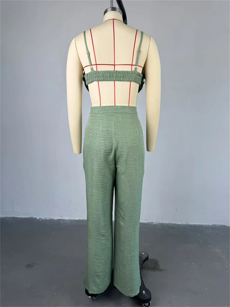Weird Puss Vacation Beach Style 2 Piece Set Women Ruched Flower Bra Tops+Button Waist Straight Pants Fashion Sexy Trend Outfits