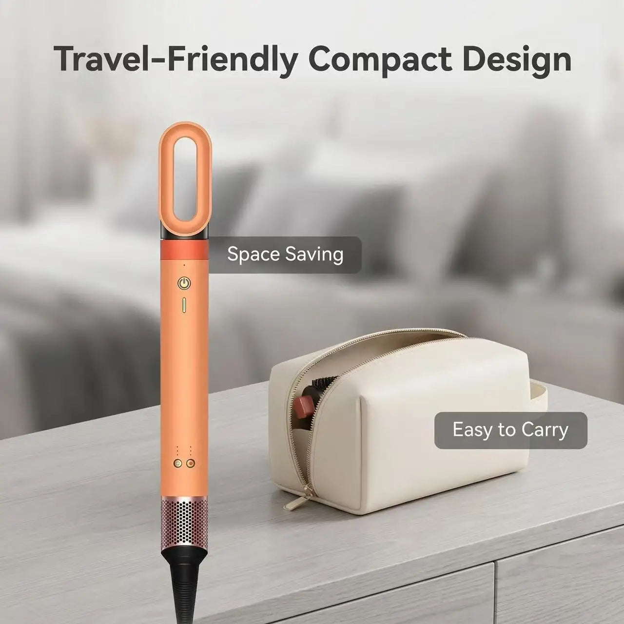 Orange 6-in-1 negative ion hair styler, compact blow dryer and curling iron set with travel storage bag.