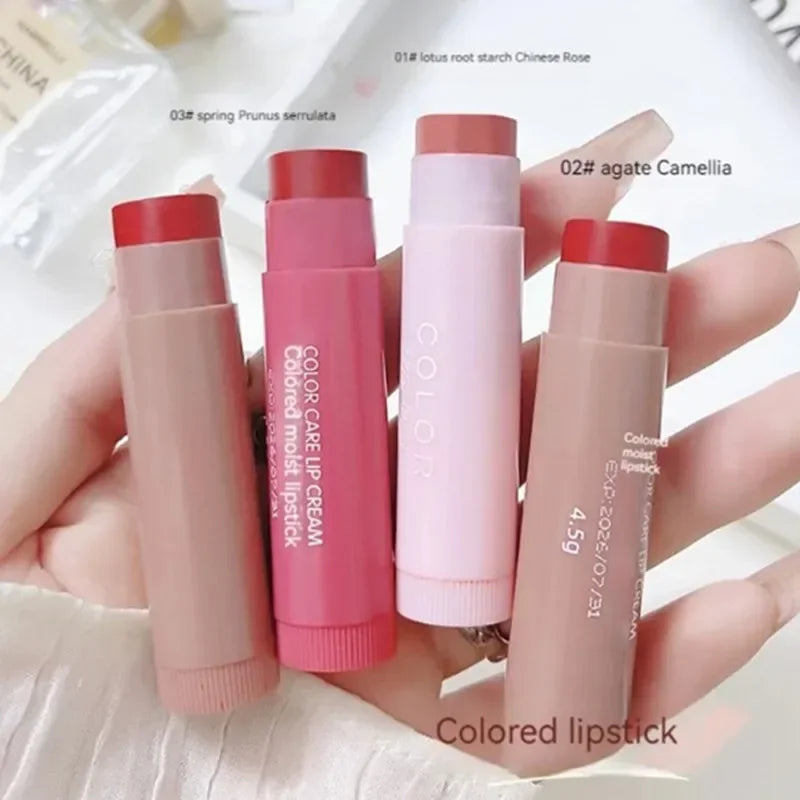 Three Korean moisturizing lip glazes in 3 shades: Lotus Root, Agate Camellia, and Spring Prunus, held in hand.