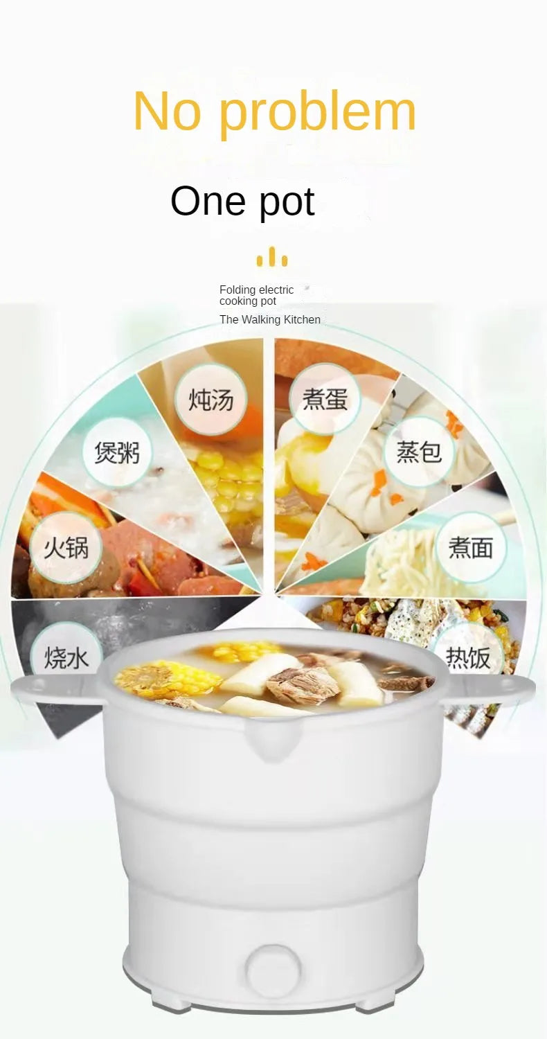 White foldable electric baby food warmer pot with lid and split cooking compartments