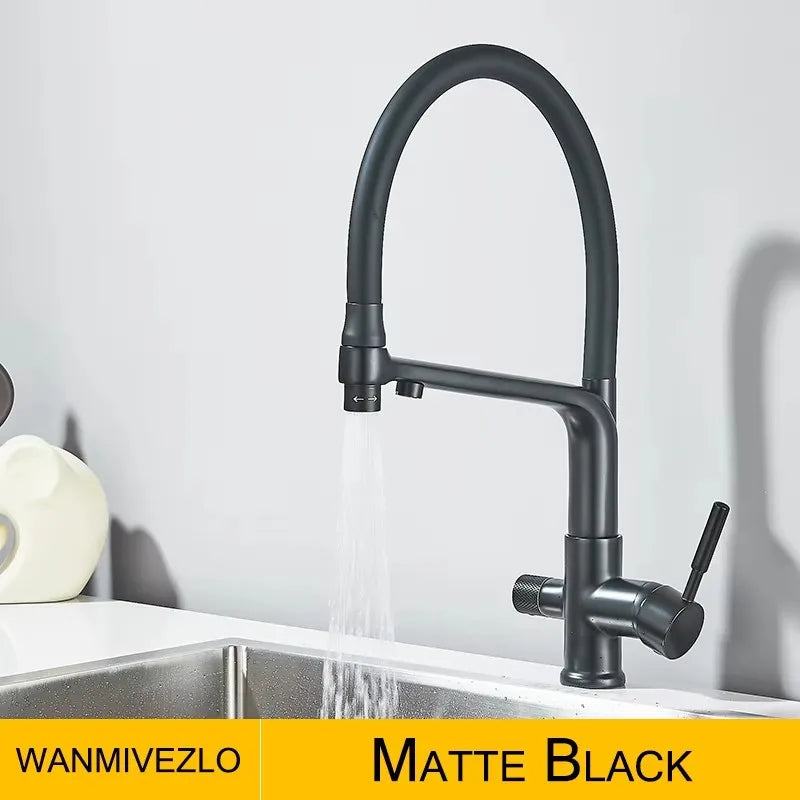 2-in-1 Filtered Kitchen Faucet, Dual Outlet Drinking Water Purifier Tap with Flexible Black Gooseneck, 360° Rotatable Single Handle Hot Cold Mixer Tap