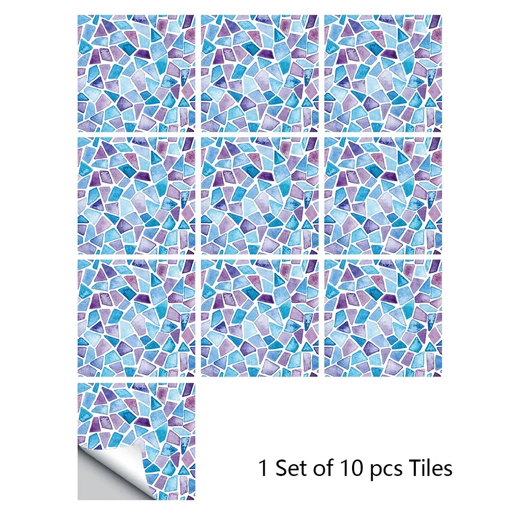 Light blue and purple mosaic tile wall sticker set with irregular glass pieces, 10