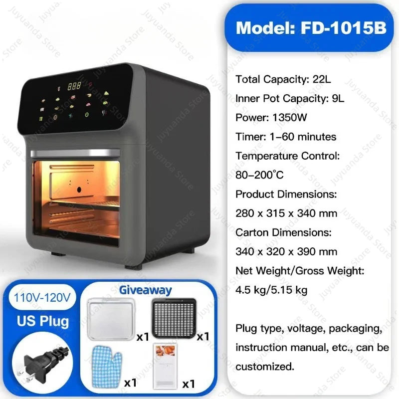 Black air fryer oven with digital touch panel, viewing window, and side heating chamber