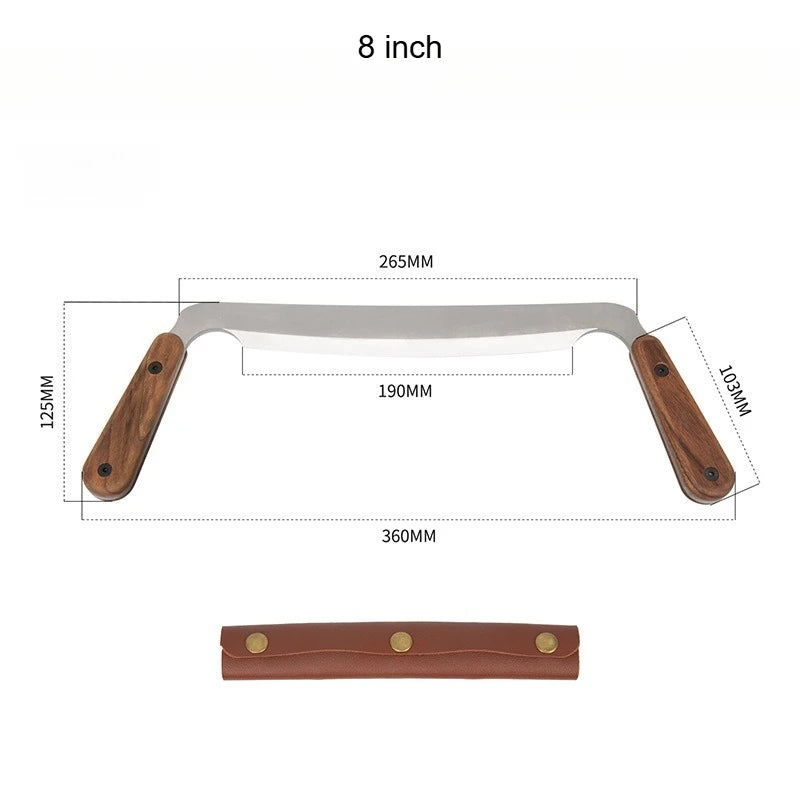 8-inch draw shave tool with gray metal blade and dark wood handles, includes leather cover