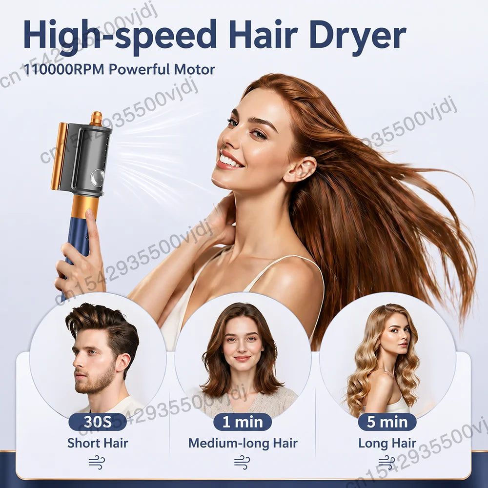 7-in-1 high-speed hair dryer with gold, grey, and blue curling attachment for fast, salon-quality ionic hair styling.