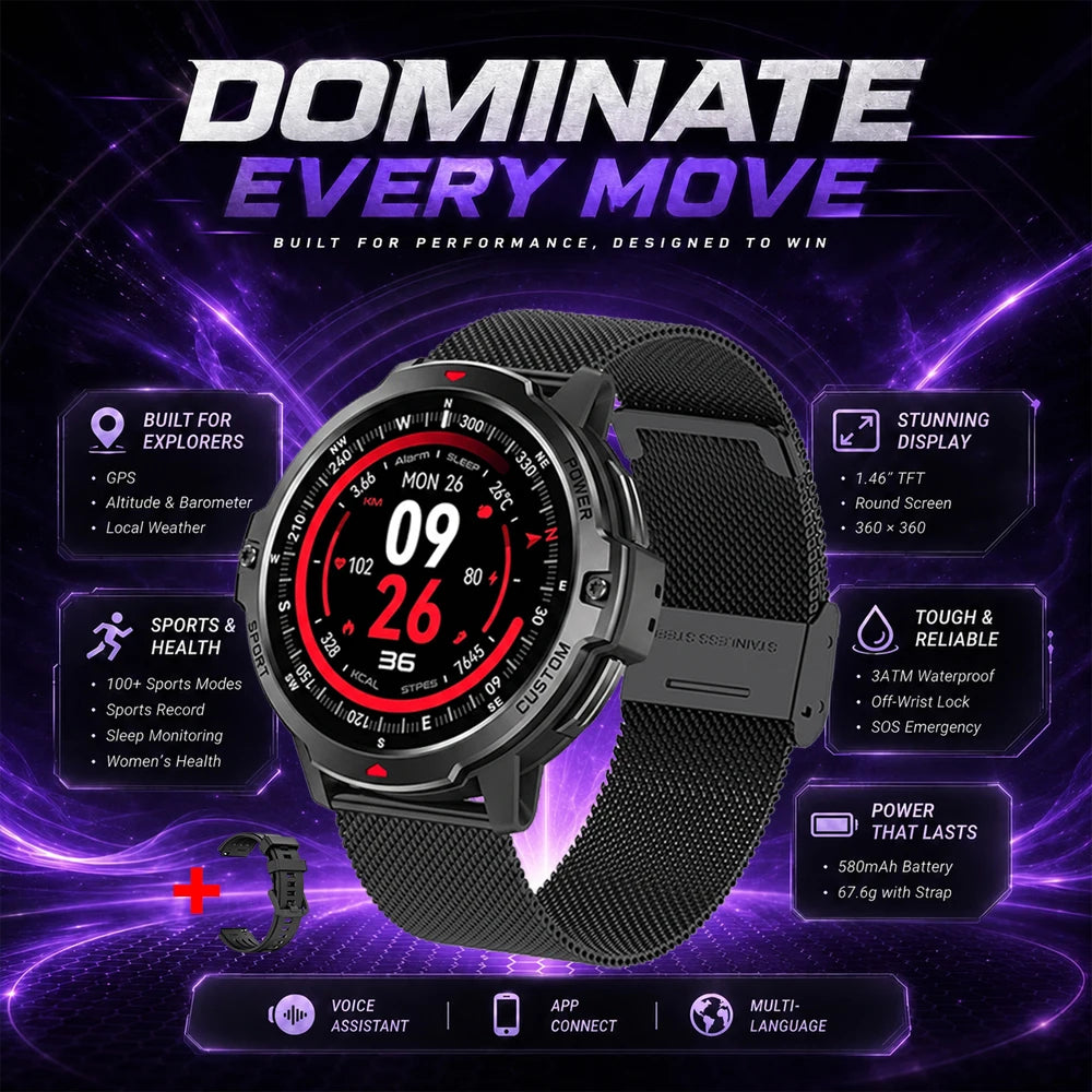 Black GPS smartwatch with 1.46-inch round display and woven mesh sport strap