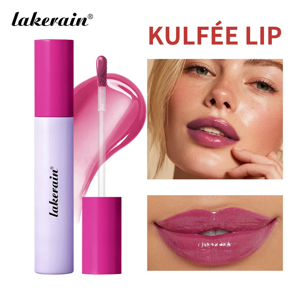 Lakerain Kulfée moisturizing lip oil stain. Glossy, non-stick berry pink lip makeup with long-lasting hydration.