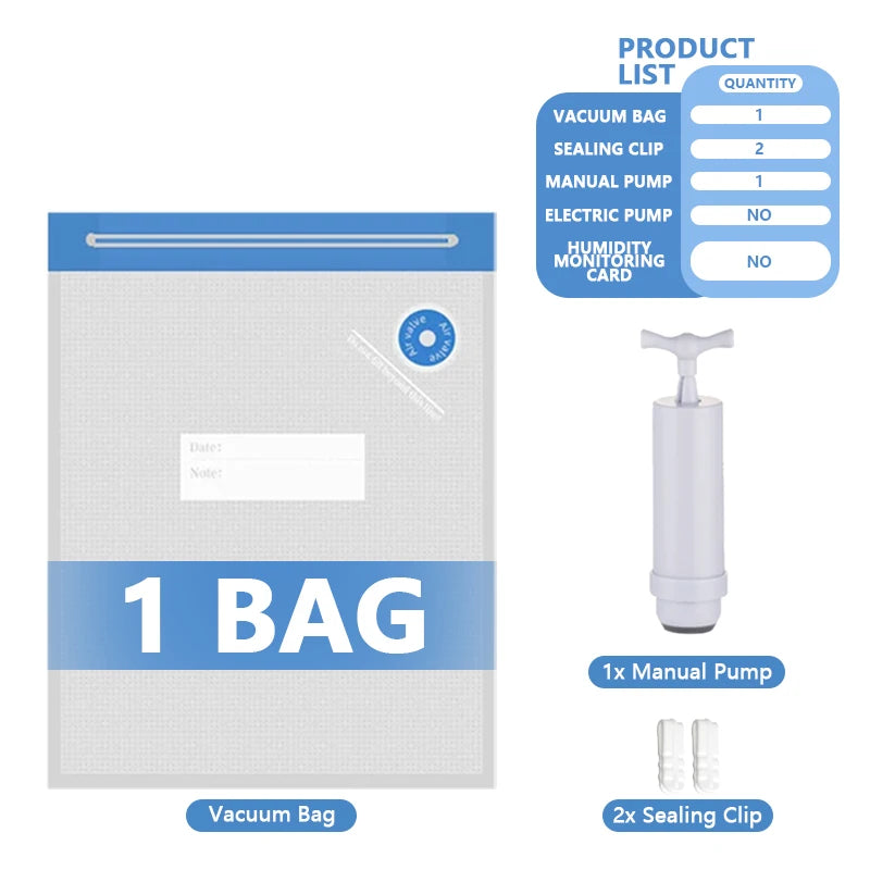 Vacuum sealing bag set for 1 bag with manual air pump and sealing clips