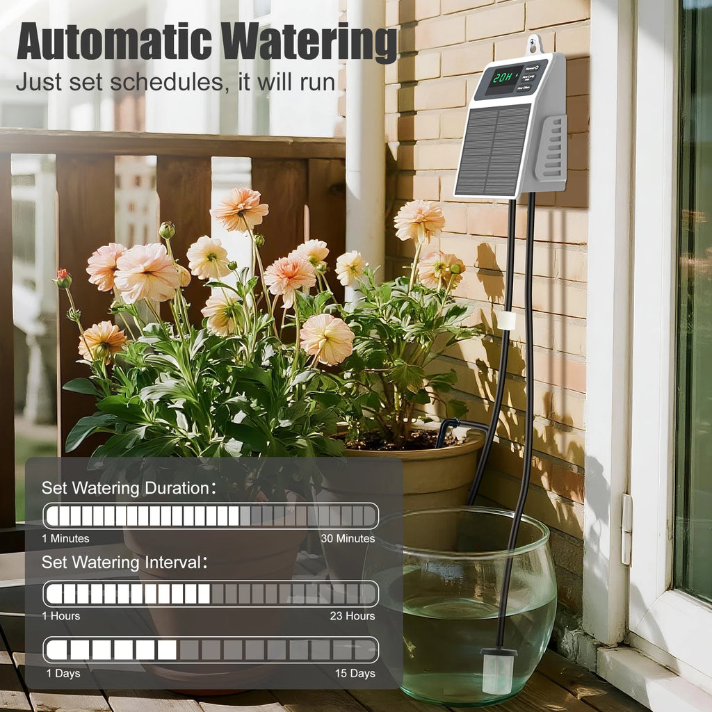 Automatic watering controller and solar panel with adjustable schedule display near window