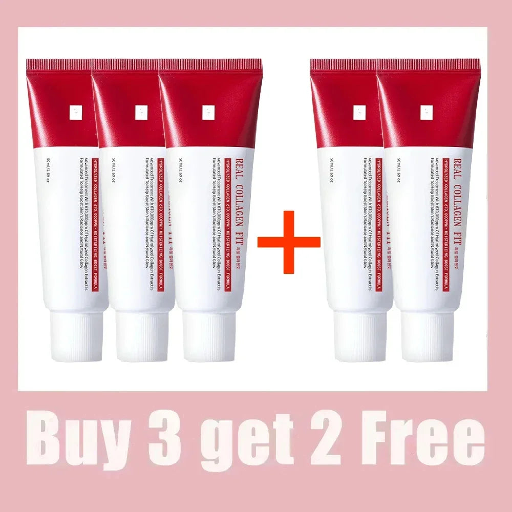 Real Collagen Fit peel-off facial mask promo with multiple red-and-white tubes