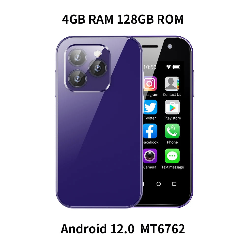Purple mini smartphone with 4GB RAM and 128GB ROM, front and rear views