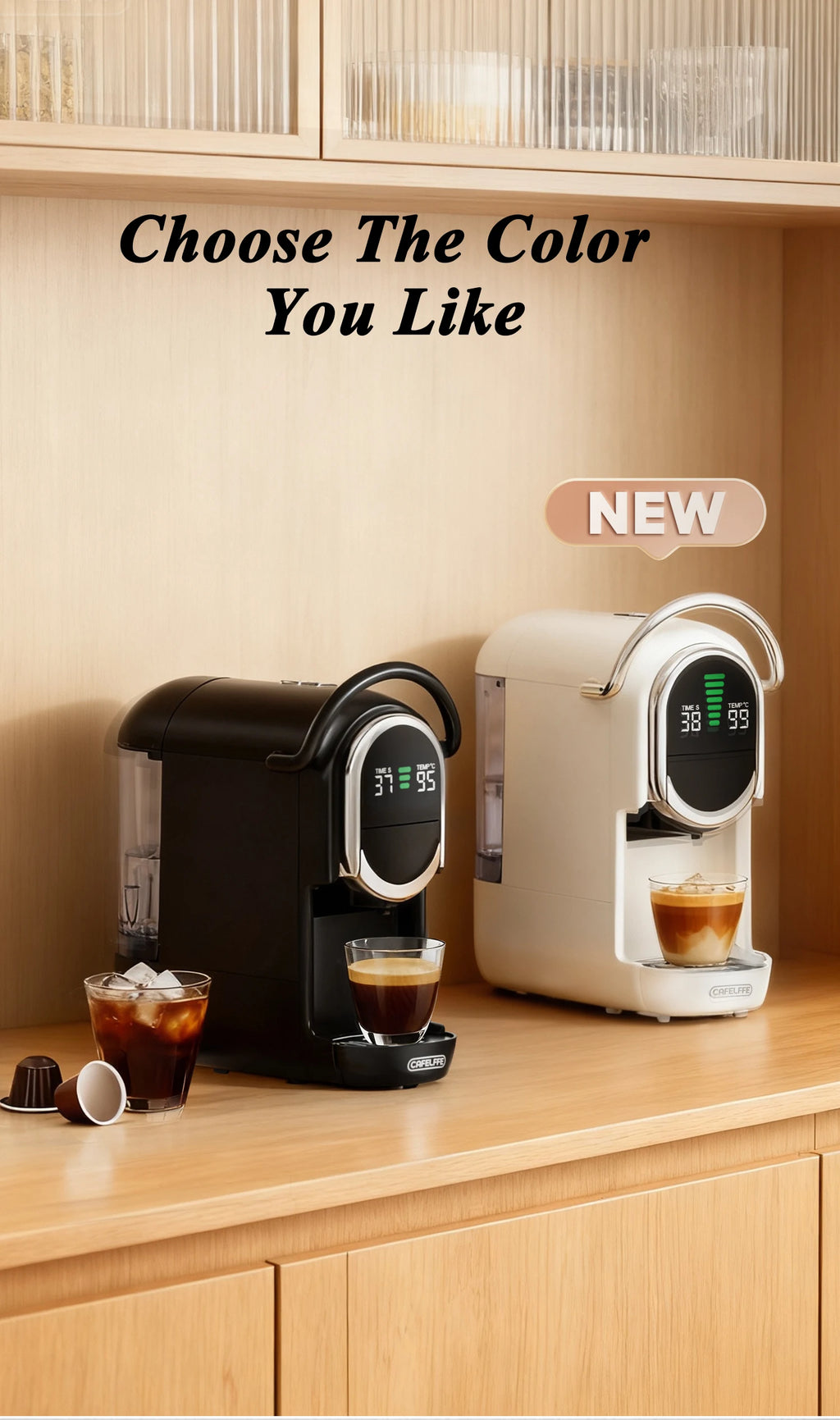 Cafélife compact capsule coffee machines in black and white with digital temperature display on a wooden kitchen counter.