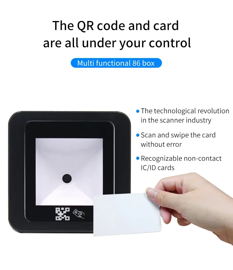 Black QR scanner access control reader with card near the scan window