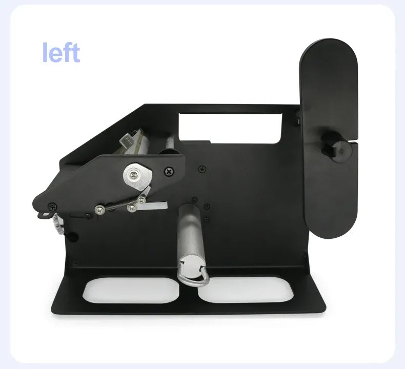 Automatic label stripper machine left side view with take-up roller and control housing.