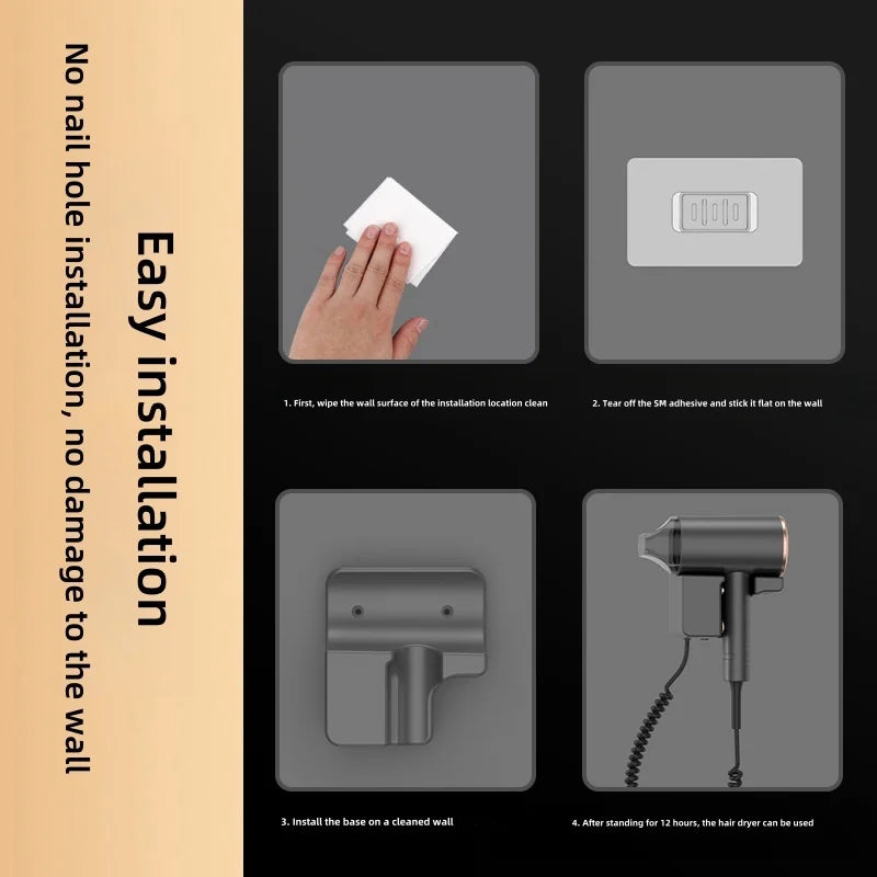 Wall-mounted 1600W hair dryer with easy no-drill adhesive installation, grey finish, and concentrator nozzle.