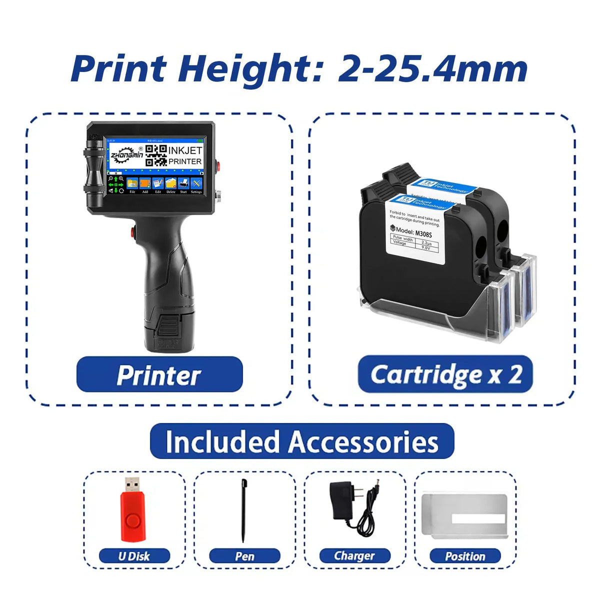 Handheld inkjet printer with cartridge x2 and included accessories shown