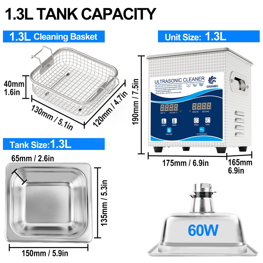 Tidesmit 1.3L ultrasonic cleaner with digital heater and degas mode cleaning jewelry and glasses, side profile view