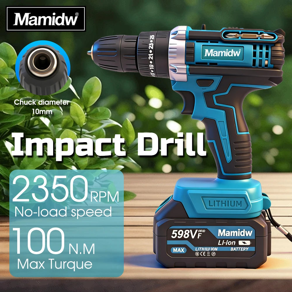 Mamidw 10mm Cordless Electric Drill 100N.m Electric Screwdriver Three Functions Impact Drill For Makita 18V Battery