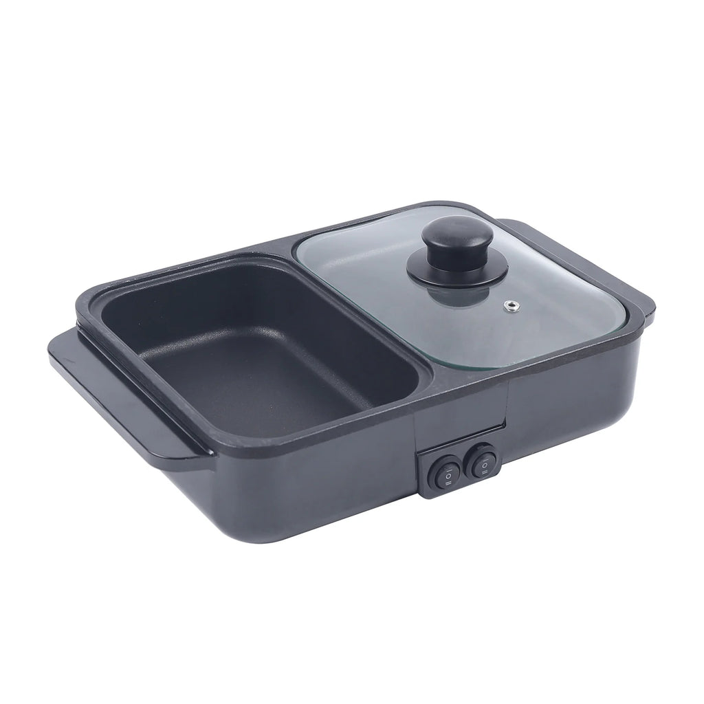 Black 2-in-1 hot pot and grill with glass lid and two nonstick cooking compartments