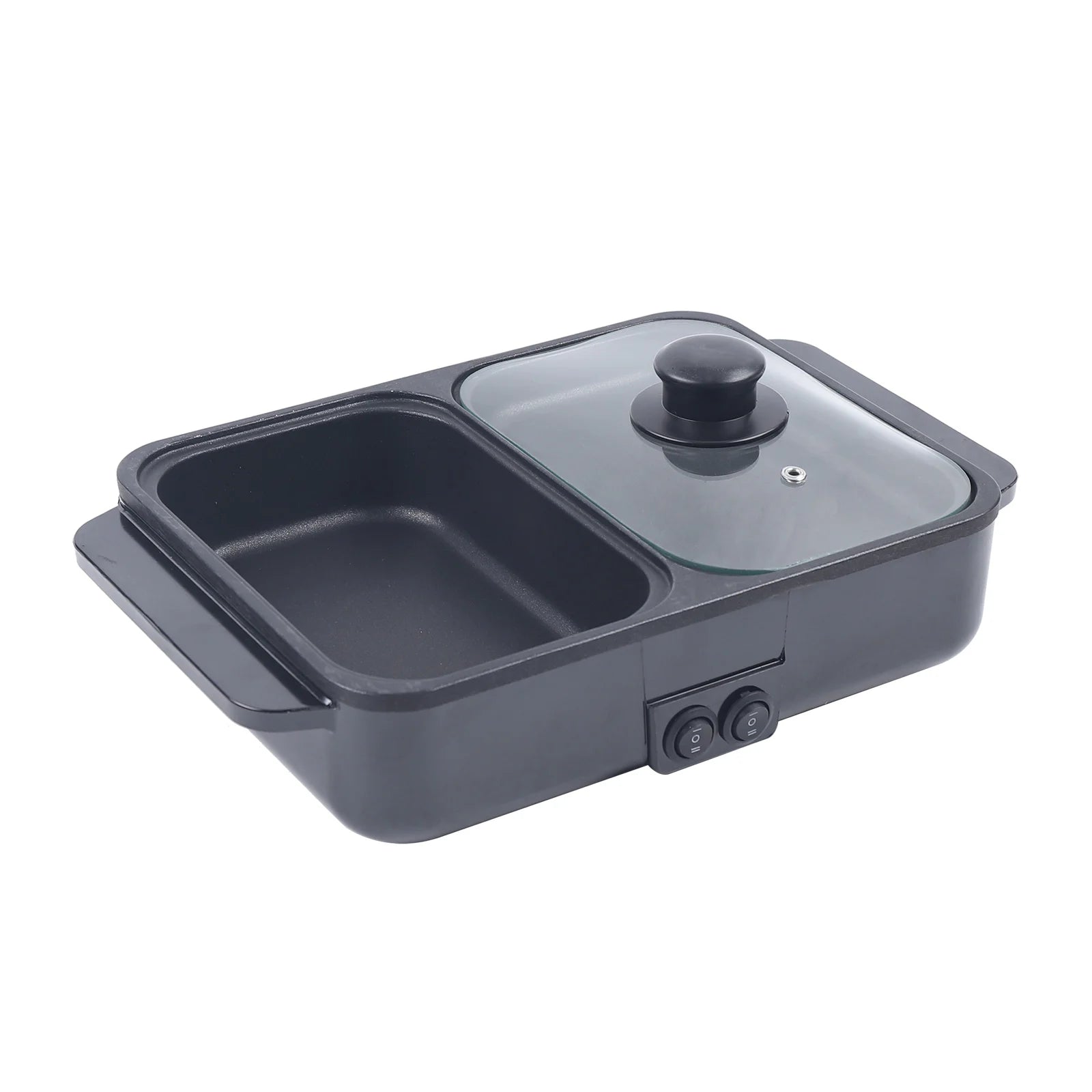 Black 2-in-1 hot pot and grill with glass lid and two nonstick cooking compartments