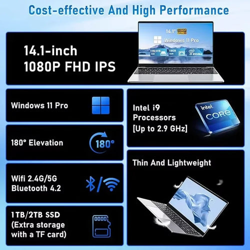 Silver 14.1-inch laptop with thin bezels, backlit keyboard, 180-degree hinge, and Windows 11 Pro display.