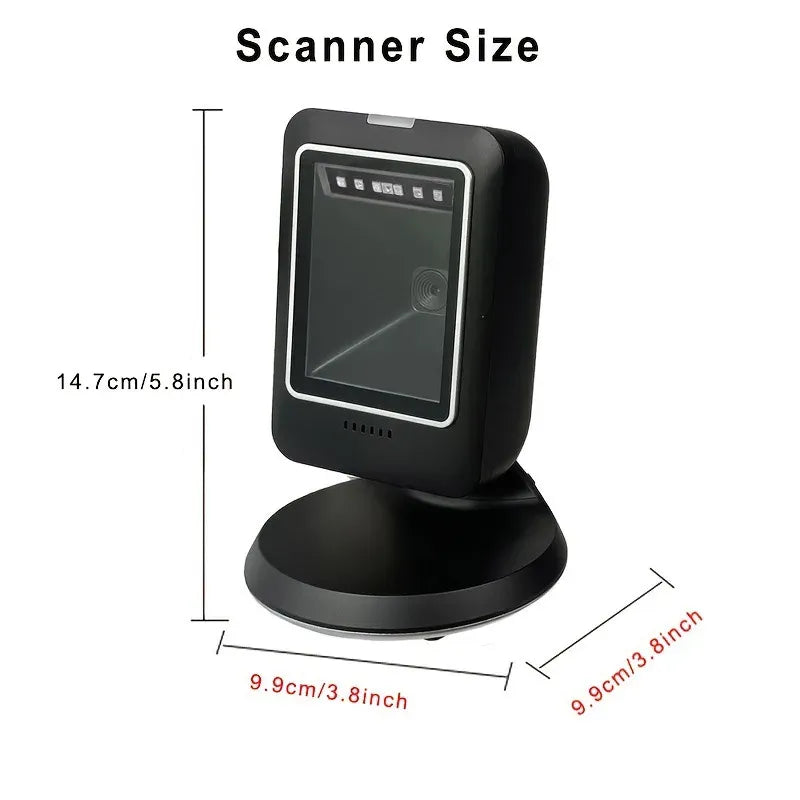 Black desktop 2D barcode scanner with front window and compact round base