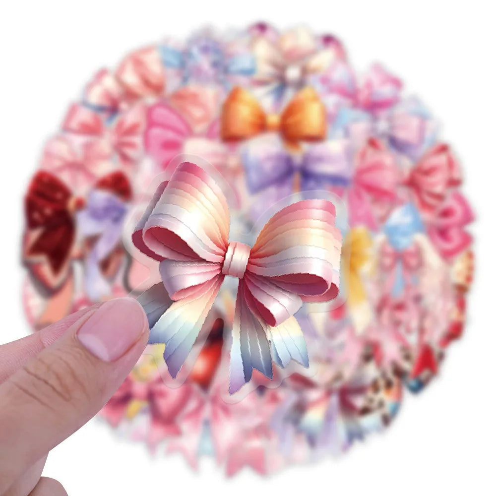 60-piece waterproof transparent PET bow sticker pack for aesthetic journaling, scrapbooking, and DIY craft decoration.