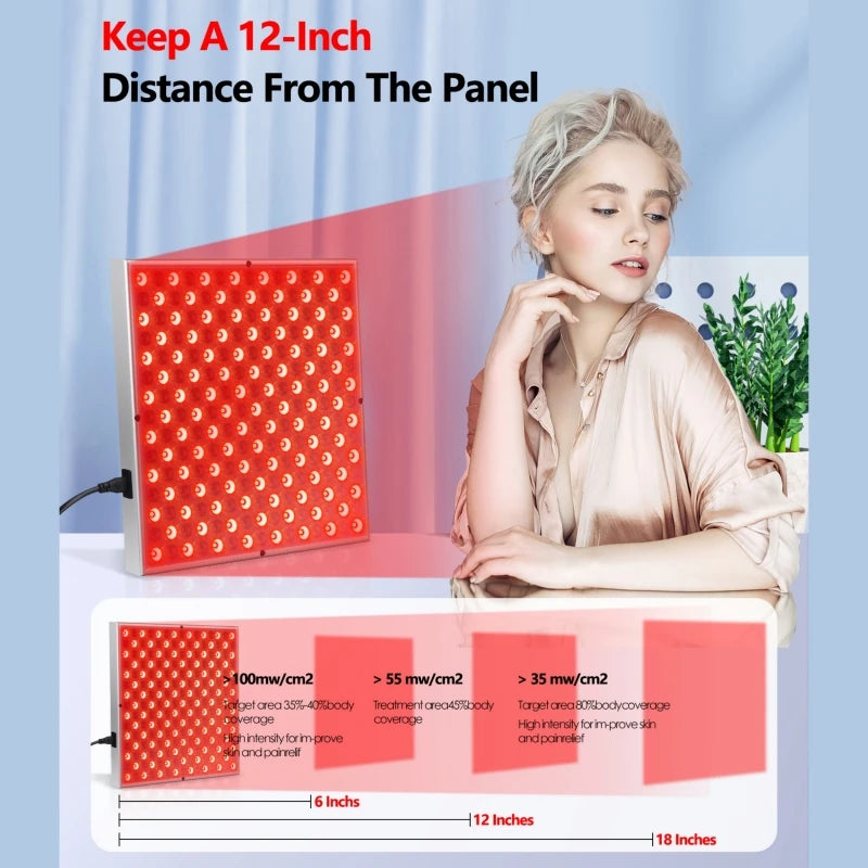 Square red LED light therapy panel with 225 bulbs, shown in use with an infographic detailing intensity by distance.