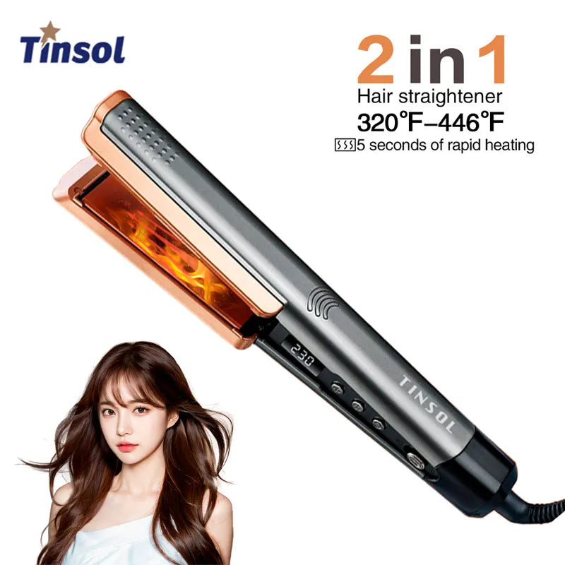 TINSOL 2-in-1 professional hair straightener and curling iron with rose gold plates and LCD screen for fast styling.