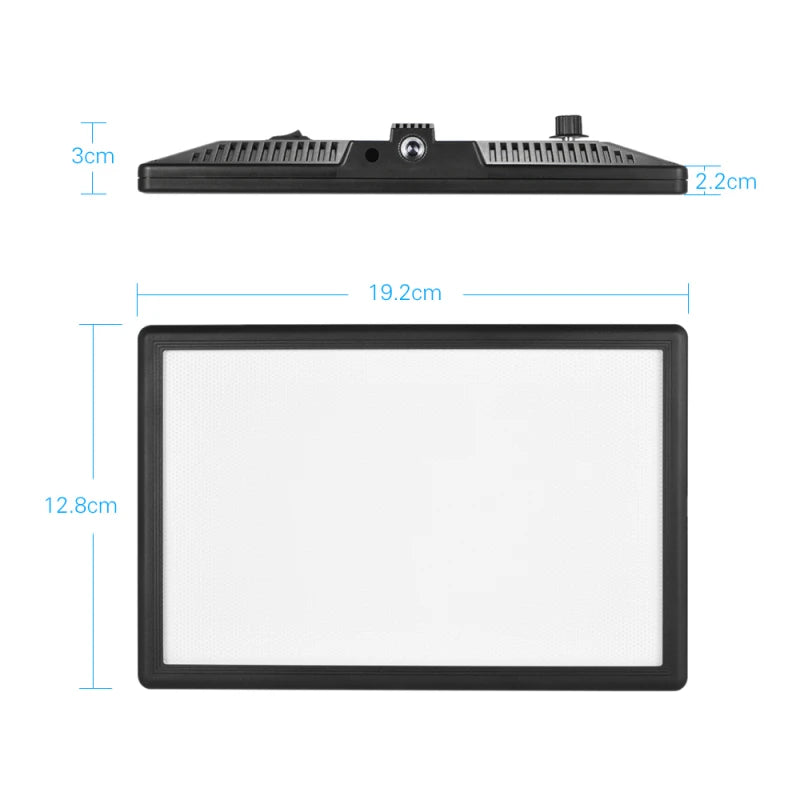 Black LED video light panel, 19.2x12.8cm, with side controls for photography and video lighting.