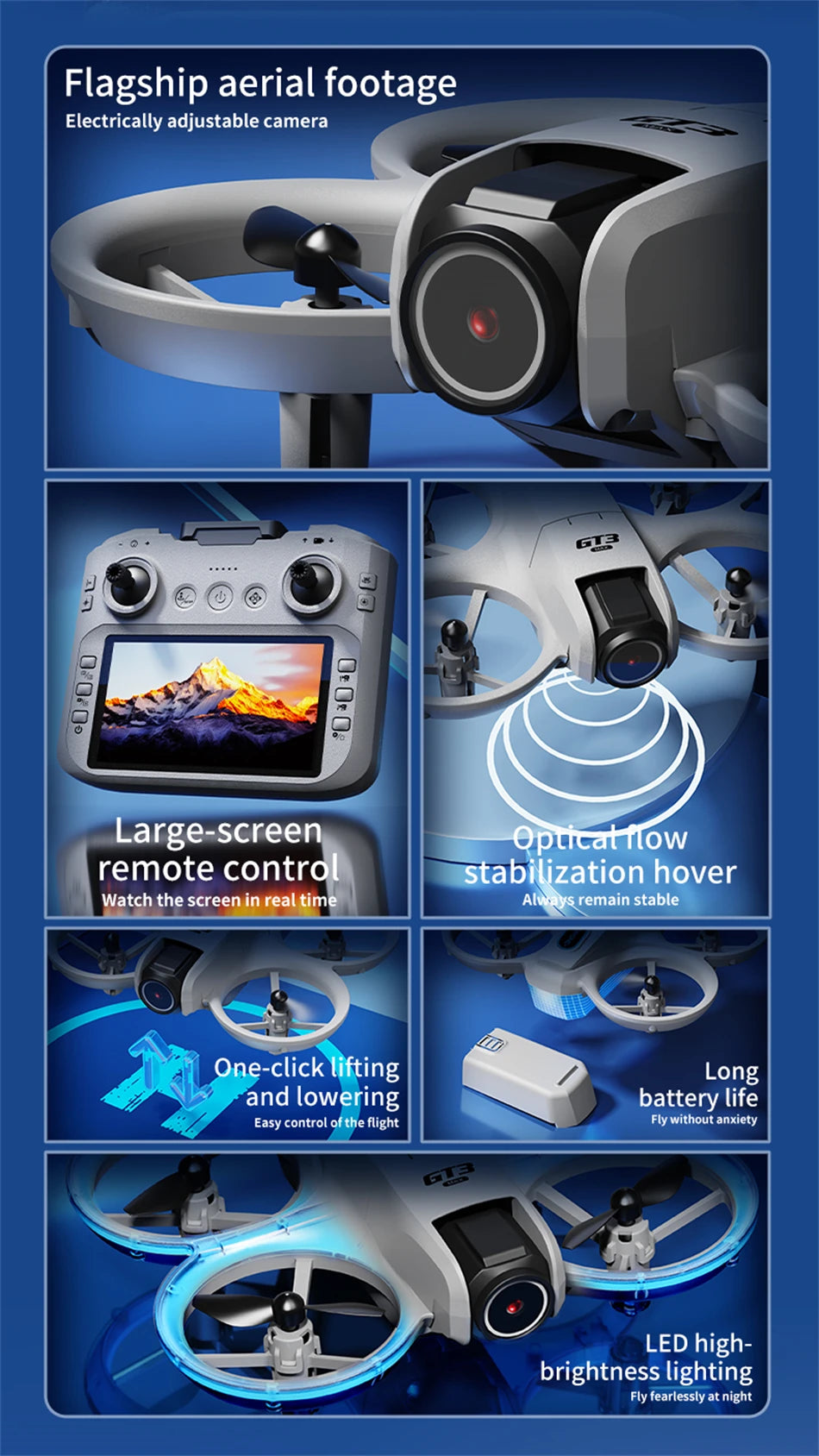 GT3 drone with gray casing, protective propeller guards, camera, remote controller with screen, and LED lighting.