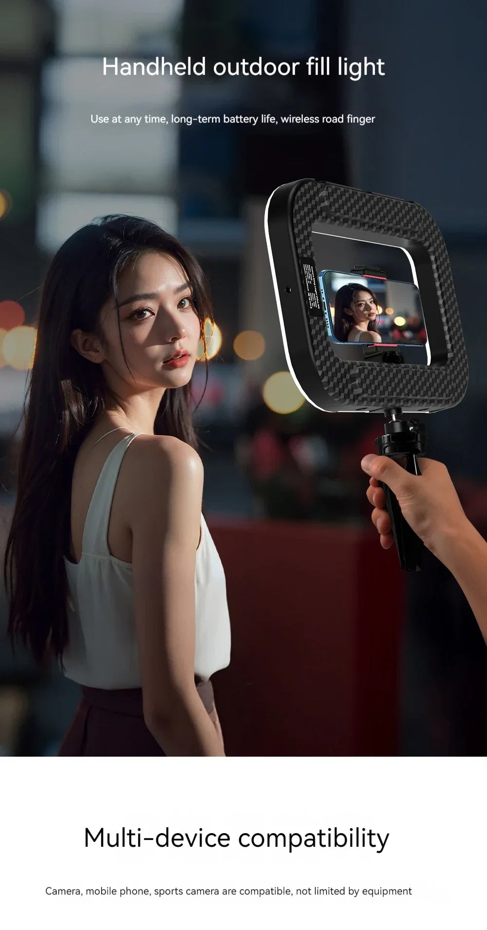 Square carbon-fiber handheld fill light with a phone mount, used for mobile photography and video lighting.