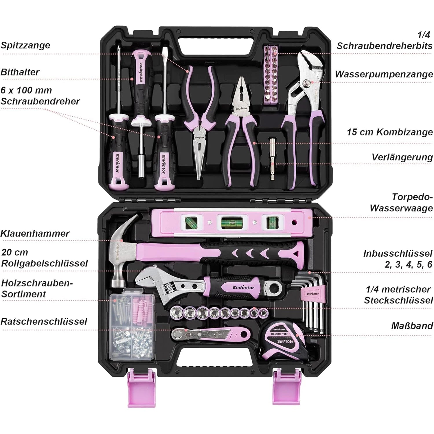 ENVENTOR Small Tool Case for Women, Household Tool Set, Tool Box Pink, Universal Complete with Tools Hand Tool, Tool Kit Fitted 158-Pcs, for Household DIY