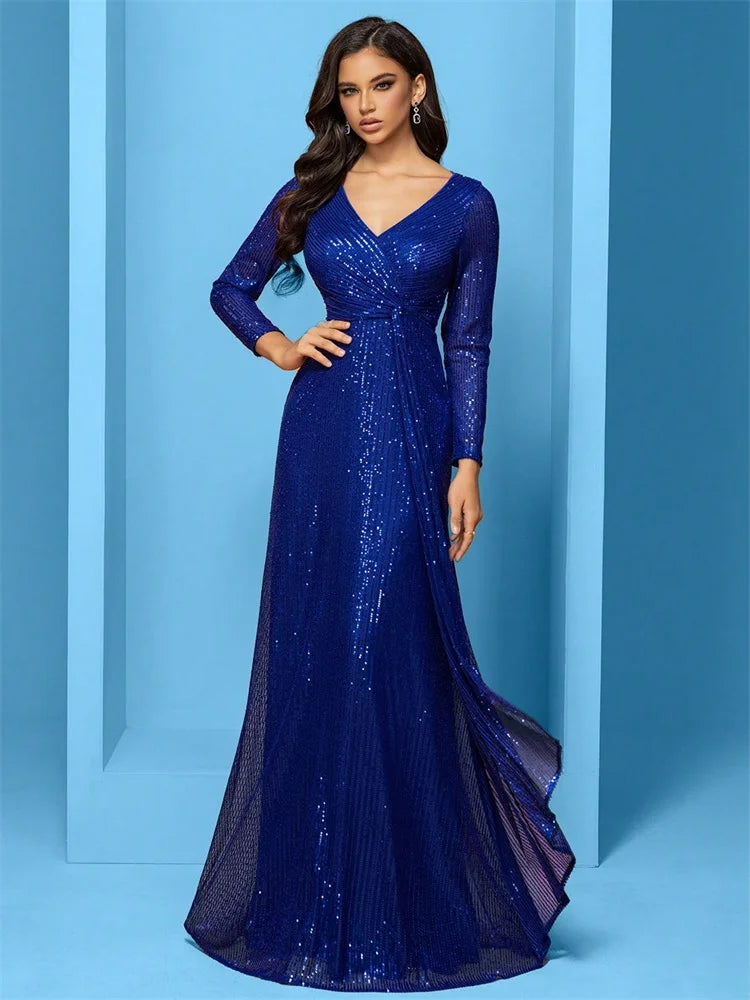 Luxury Floor Length V-Neck Evening Dresses 2025 Women Elegant Wedding Party Maxi Dress Sequins Long Sleeves Prom Cocktail Gowns