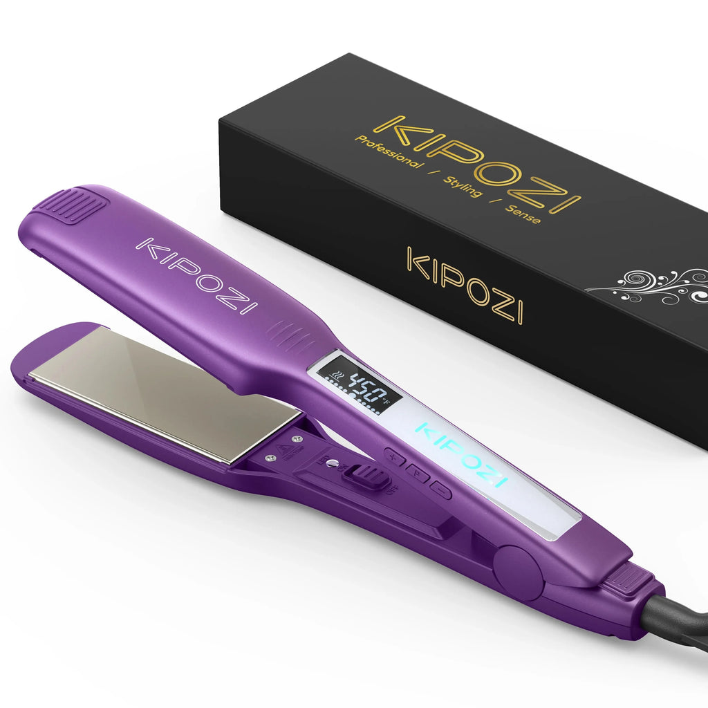KIPOZI purple titanium flat iron hair straightener with digital LCD display and professional gift box.
