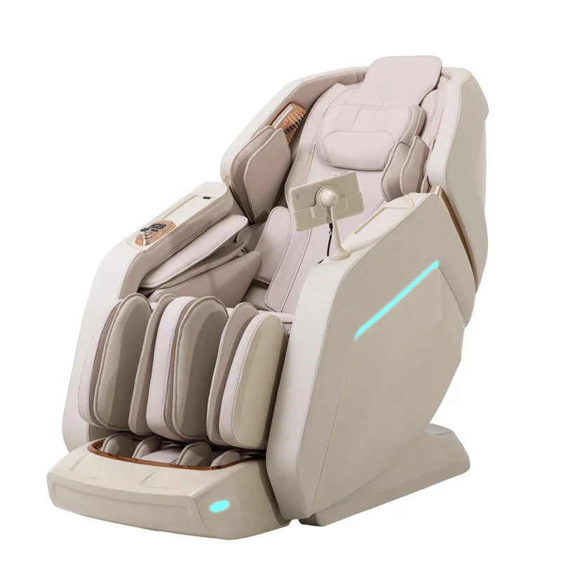 Cream-colored 4D massage chair with a sleek, ergonomic design, integrated touchscreen, and blue LED accent lights.