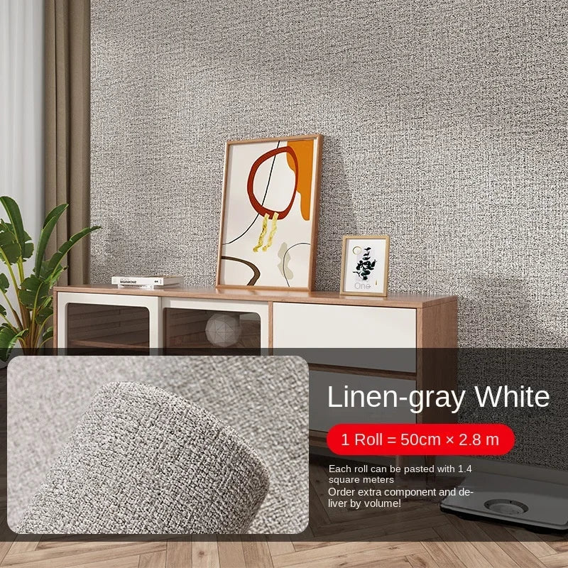 Self-adhesive linen-texture wall panel wallpaper in light gray white, with roll close-up