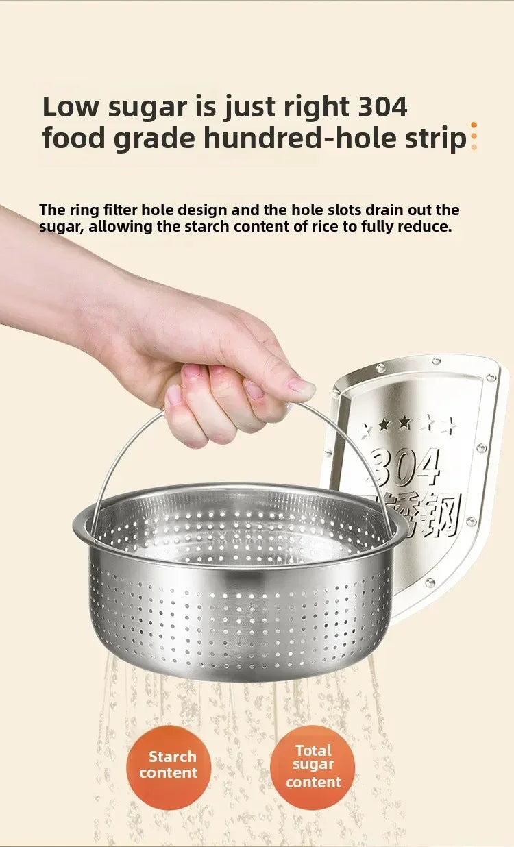 Perforated stainless steel 304 steamer basket draining starchy liquid water