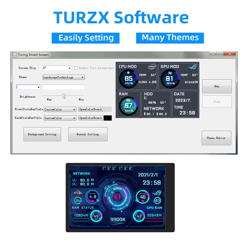 TURZX 3.5 / 5 Inch IPS USB Secondary Screen for Computer CPU GPU RAM HDD Monitor Type C Display NO AIDA64 LCD for Windows 10 11