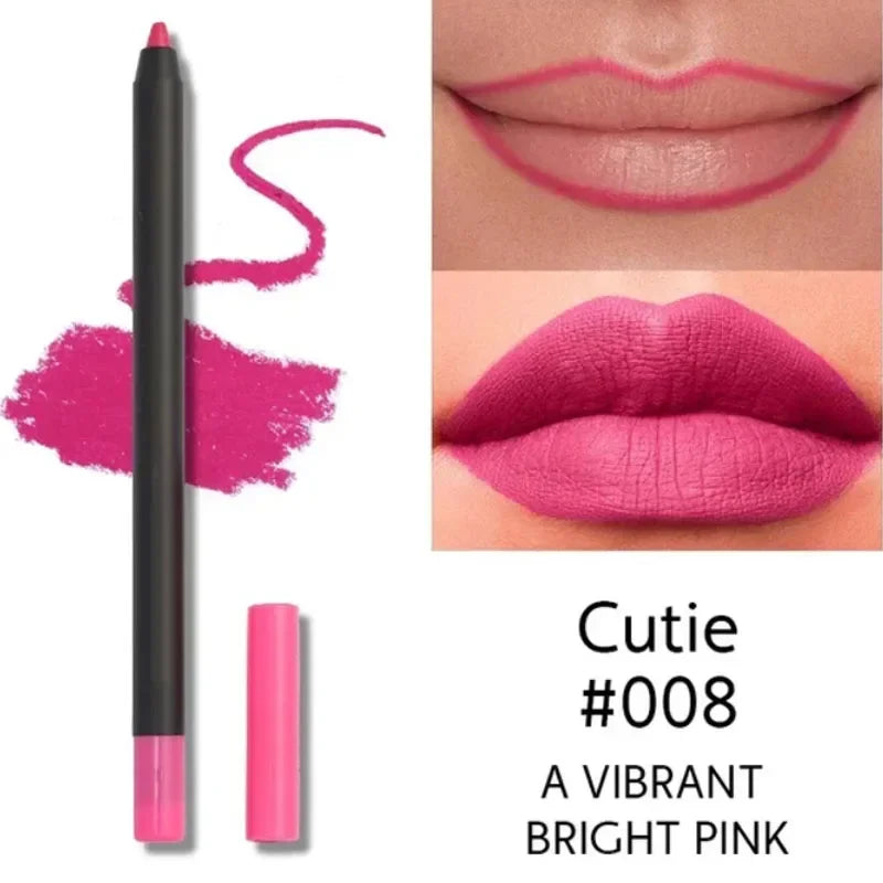 Bright pink matte lip liner pencil with smooth, waterproof, long-lasting formula shown on lips.